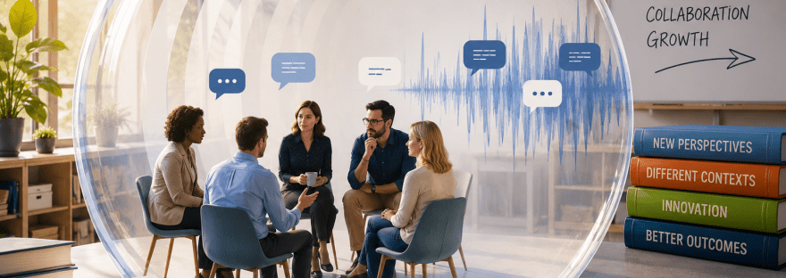 A group of teachers sitting down in discussion, isolated within a bubble inside a classroom